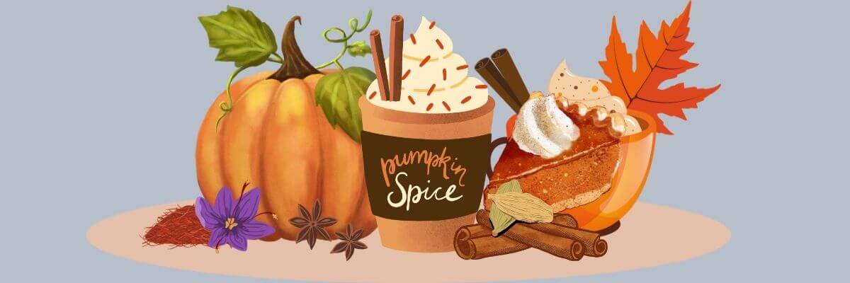 Illustration of a cozy fall scene with a pumpkin, spiced latte topped with whipped cream, a slice of pumpkin pie, and a pumpkin-shaped mug. Cinnamon sticks, star anise, cardamom pods, and autumn leaves surround the setup on a soft gray-blue background.