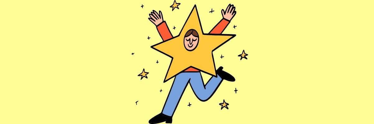 Illustration of a cheerful person with their body inside a giant star shape, arms raised in joy and surrounded by little sparkling stars. The bright yellow background adds a playful, celebratory vibe.