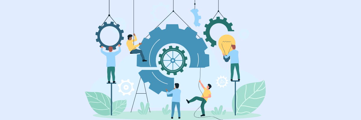 Illustration of five people working together to assemble large interlocking gears, representing collaboration and problem-solving. One person holds a glowing light bulb while others climb, lift, and position the gears amid plants and soft blue tones, creating a sense of teamwork and shared creativity.