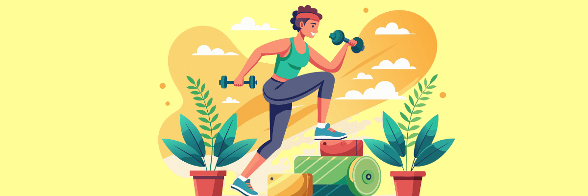  Illustration of a woman exercising outdoors, lifting dumbbells while stepping onto yoga mats surrounded by potted plants. She’s dressed in activewear and smiling, with a bright yellow background and fluffy clouds adding an energetic, upbeat vibe.