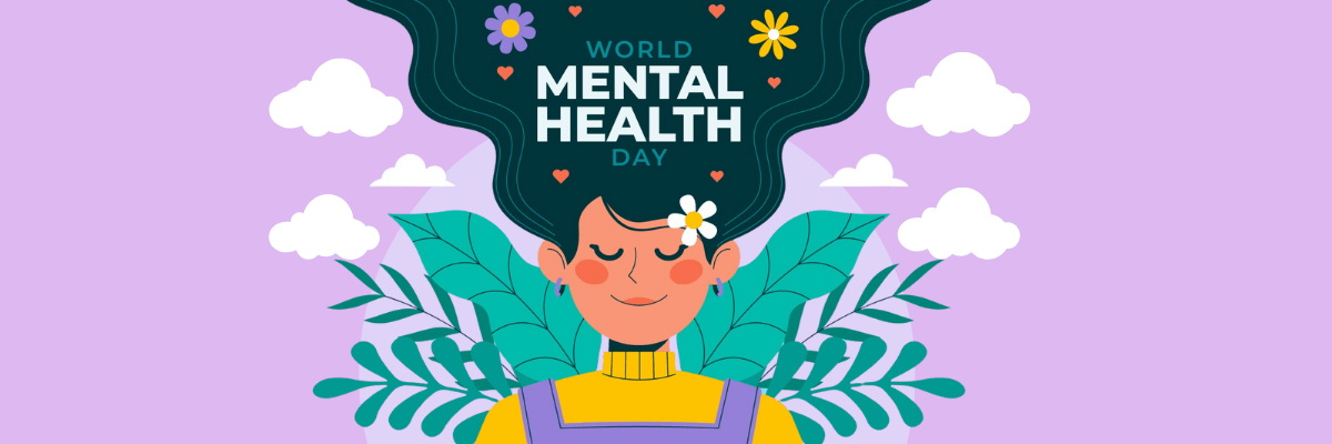 Illustration of a peaceful woman with closed eyes and flowers in her hair, surrounded by leaves and clouds, with the text “World Mental Health Day” above her on a lavender background.