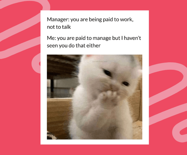 A meme shows a white kitten smirking with a paw near its mouth, paired with text: “Manager: you are being paid to work, not to talk. Me: you are paid to manage but I haven’t seen you do that either.”