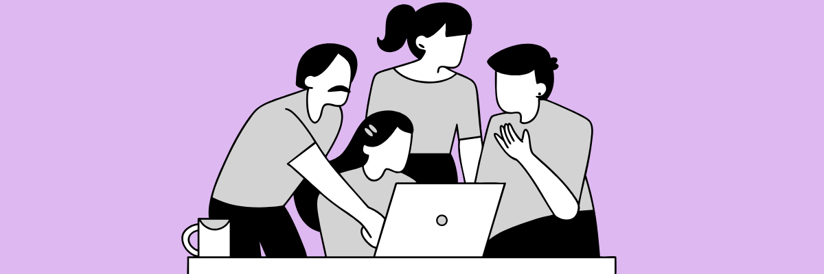 A black-and-white illustration of four people gathered around a laptop on a desk, with one person pointing at the screen. The background is lavender purple, and a coffee mug sits on the edge of the table, giving the scene a casual, collaborative vibe.