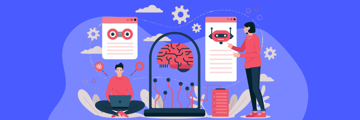  Illustration of a man sitting cross-legged with a laptop and a woman standing next to a robot icon on a screen, both interacting with a large glass dome containing a digital brain, surrounded by gears, clouds, and tech symbols on a purple background. The scene represents artificial intelligence and machine learning in a visually engaging, modern style.
