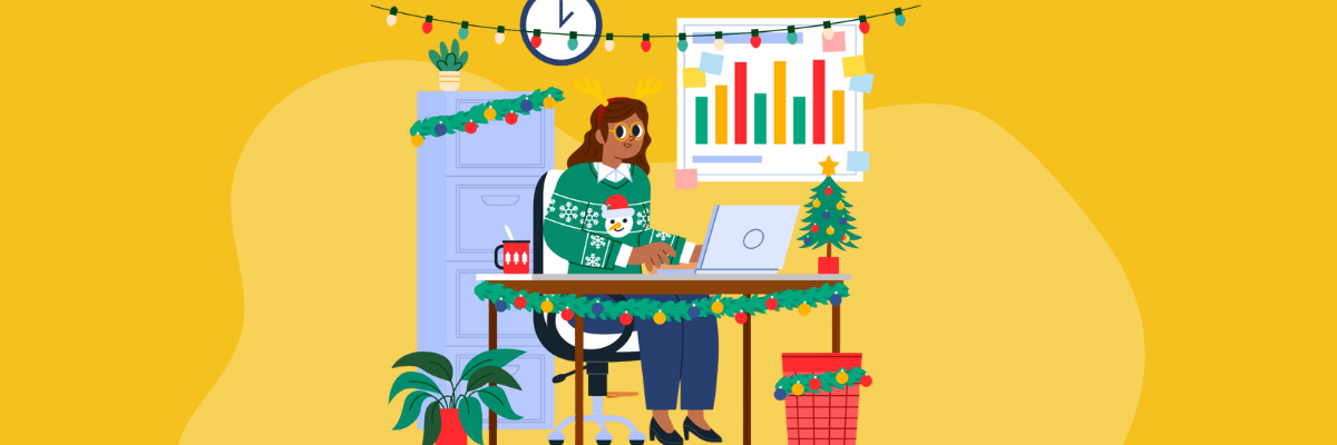 Illustration of a woman wearing a green Christmas sweater with a snowman design, working at a desk decorated with holiday garlands and a mini Christmas tree, in a festive office setting with charts, a clock, and a file cabinet in the background.
