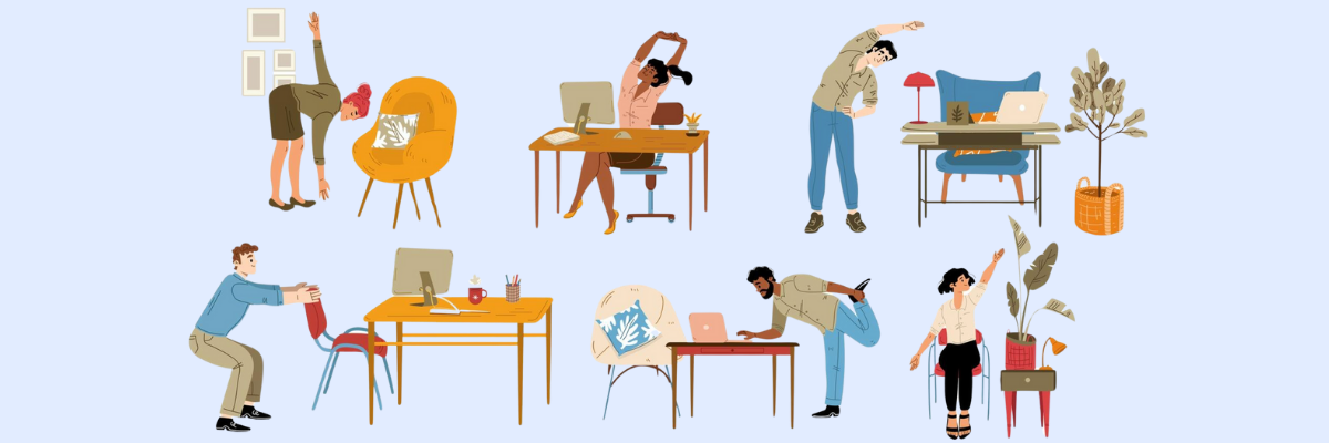 Illustration of eight diverse people doing different desk exercises and stretches in various work-from-home setups, including standing side bends, seated twists, and desk pushups