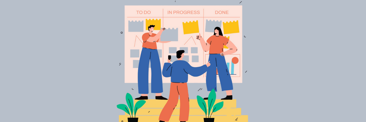 Three people stand in front of a large project board labeled “TO DO,” “IN PROGRESS,” and “DONE,” each holding a phone and interacting with sticky notes. The background is light grey, and two potted plants sit at the bottom of the image, adding a pop of green.