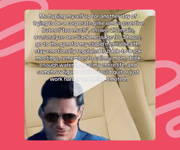 A meme showing a man in sunglasses with slicked-back hair, looking serious. The overlaid text humorously lists a long, overwhelming to-do list for a corporate woman trying to stay on top of work, mental health, and personal life, ending with questioning whether to quit or seek a promotion.