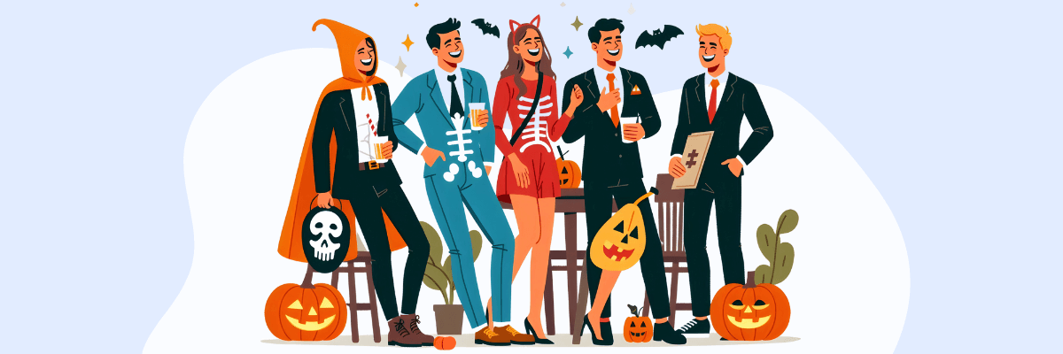 A group of five people dressed in Halloween costumes are laughing and chatting at an office party. They're surrounded by carved pumpkins and festive decorations, with some wearing suits combined with fun Halloween touches like skeleton prints, cat ears, and superhero capes.
