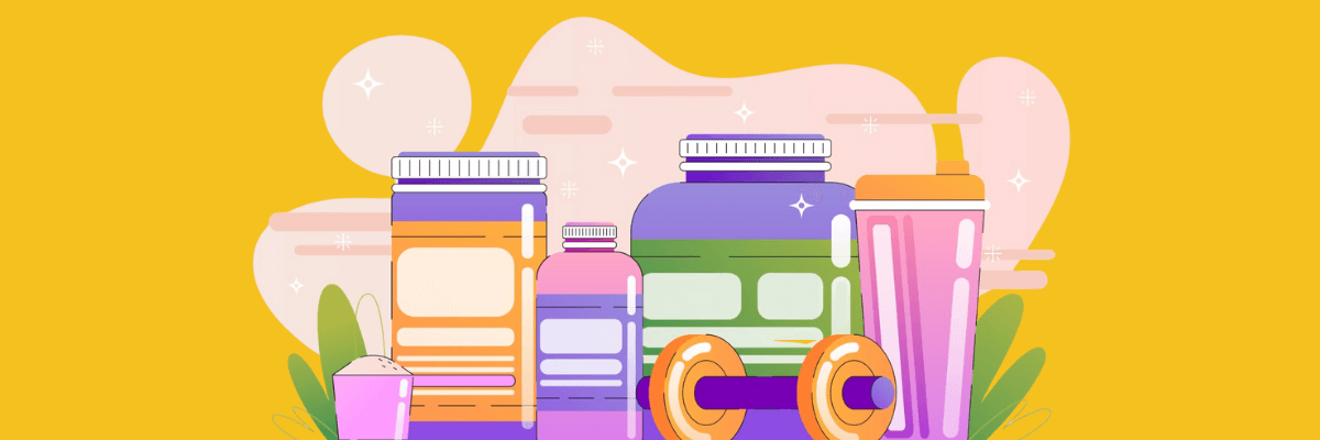 A colorful illustration of various workout supplements and protein containers, including bottles, jars, and a shaker cup, with a dumbbell and leafy plants in the background, all set against a vibrant yellow and pink abstract backdrop.