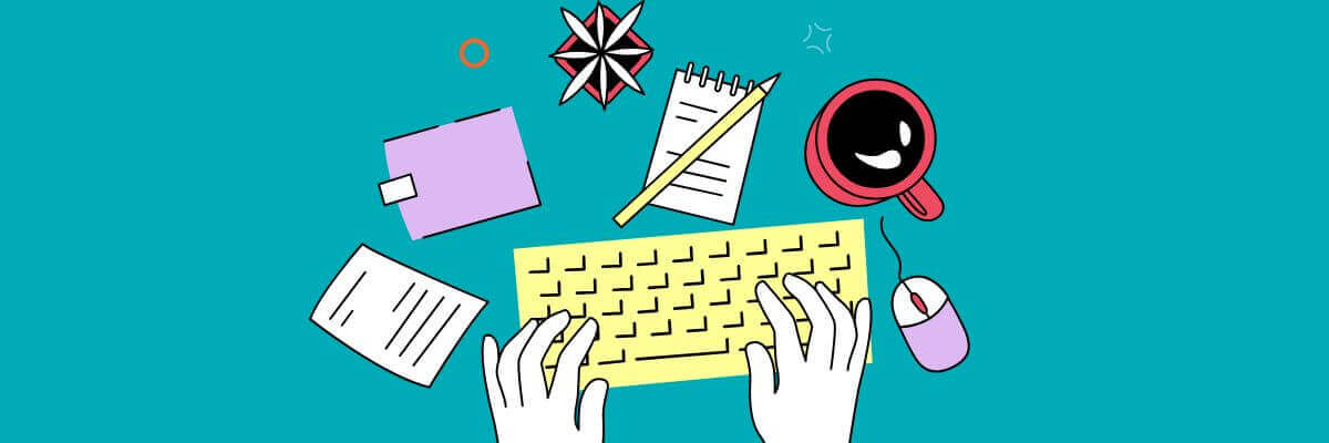 An illustration of hands typing on a yellow keyboard surrounded by office items like papers, a notebook, pencil, mouse, and coffee cup. The colorful setup suggests creativity and productivity in a work or writing environment.