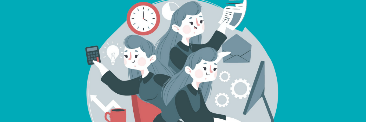 Illustration of a woman multitasking at her desk, shown with multiple arms holding a calculator, paper, and lightbulb while typing on a computer. A clock, gears, and an envelope float behind her, symbolizing a busy workday.