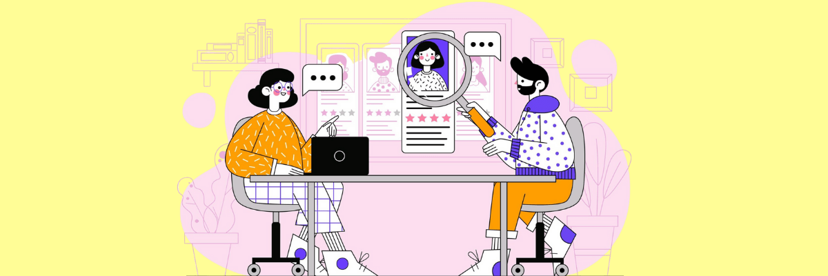 An illustrated scene shows two people sitting across a desk during a job interview, with resumes, speech bubbles, and rating stars displayed in the background.