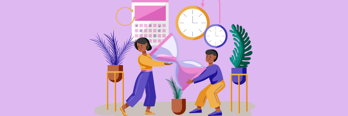 An illustration of two people managing a giant hourglass surrounded by clocks, plants, and a calendar. The image conveys themes of time management, balance, and productivity.