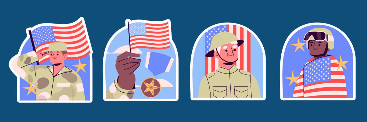 An illustration featuring four military-themed drawings honoring veterans, each with the American flag in the background. The images show soldiers saluting, holding medals, and wrapped in the flag, symbolizing pride and service.