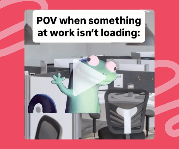 A confused cartoon frog pops up in the middle of a gray office cubicle maze under the caption “POV when something at work isn’t loading.”