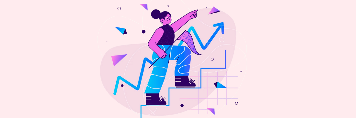 A stylized illustration of a woman confidently climbing upward along a blue arrow-shaped staircase, surrounded by abstract geometric shapes that give the scene a fun, energetic vibe.