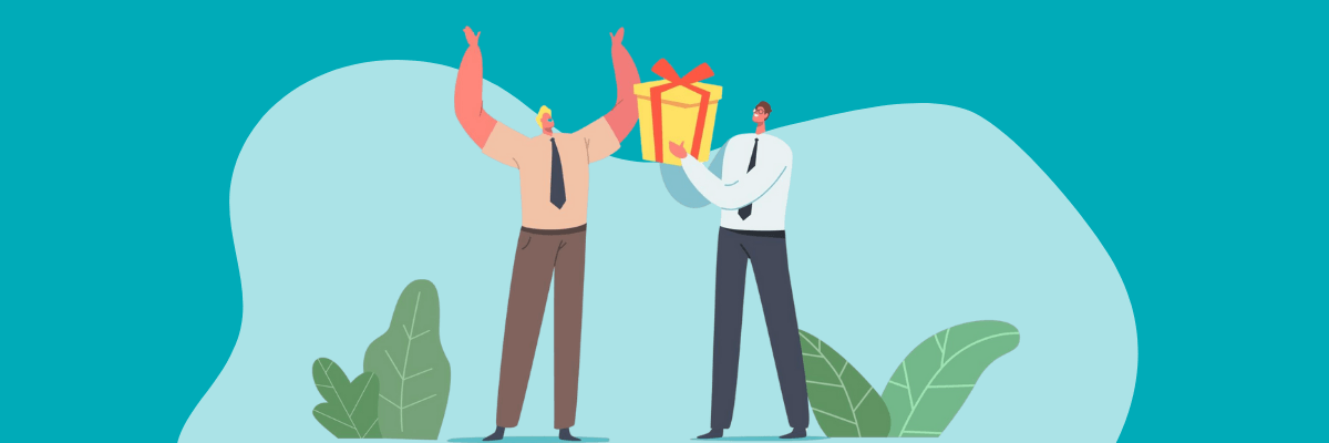 An illustration of two men in business attire, one happily raising his arms while the other hands him a large gift box with a red ribbon. The background is teal with abstract plant shapes, giving a cheerful and celebratory vibe.