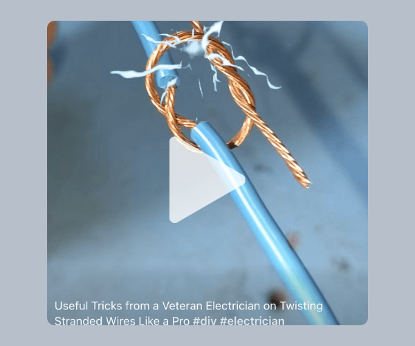 A close-up video still showing copper wires being twisted together neatly by hand. Text overlay reads, “Useful Tricks from a Veteran Electrician on Twisting Stranded Wires Like a Pro #diy #electrician.”