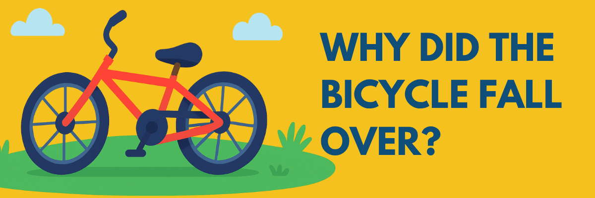 An illustration of a red bicycle standing on green grass under a bright yellow sky with fluffy clouds. Text on the right asks, “Why did the bicycle fall over?” hinting at a playful or pun-filled punchline.