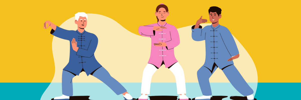 Three people wearing traditional martial arts uniforms practice tai chi together against a bright yellow and teal background.