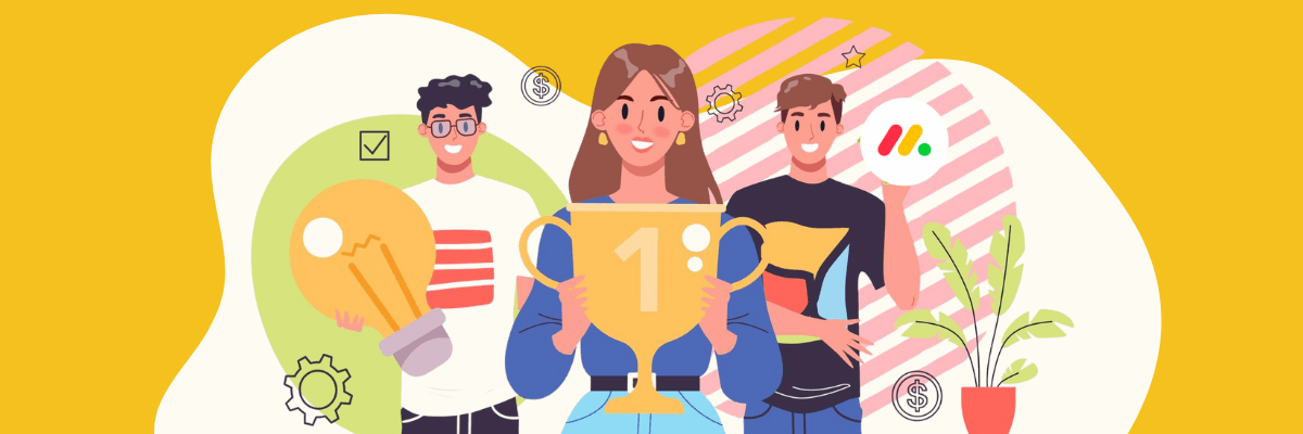 A cheerful illustrated woman holds a large gold trophy marked “1st” while two smiling teammates stand behind her with creative icons like a lightbulb and a monday.com logo. The bright scene celebrates teamwork, achievement, and good vibes.