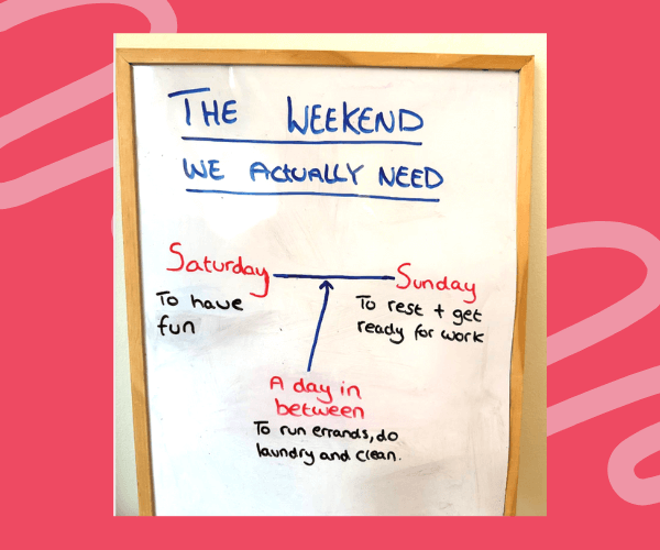 A whiteboard shows a humorous sketch of an ideal weekend, with Saturday labeled for fun, Sunday for resting and preparing for work, and a joking “day in between” for errands, laundry, and cleaning. The board is handwritten in blue, red, and black marker with simple arrows connecting the days.