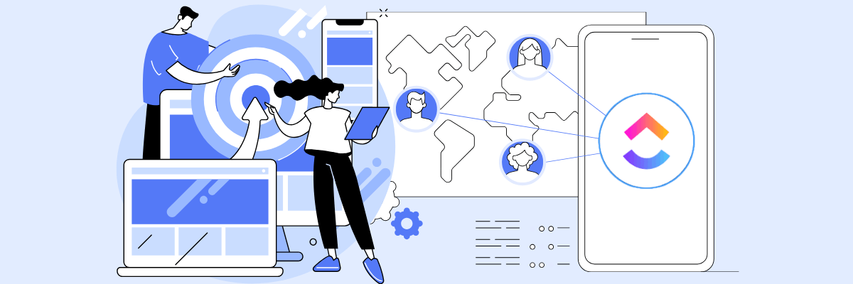 Illustration of two people interacting with large digital screens, a world map with connected user icons, and a giant smartphone displaying the ClickUp logo, suggesting global remote collaboration and task management. The overall color scheme is blue, white, and purple with a tech-forward vibe.