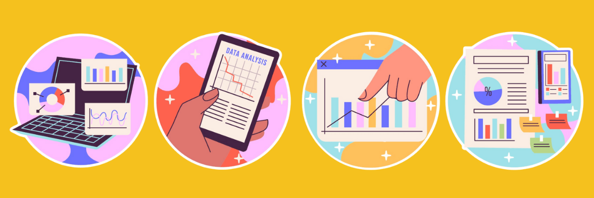 A colorful illustration showing charts and graphs on laptops, phones, and papers. The image represents data analysis, tracking, and reporting in a fun, vibrant style.