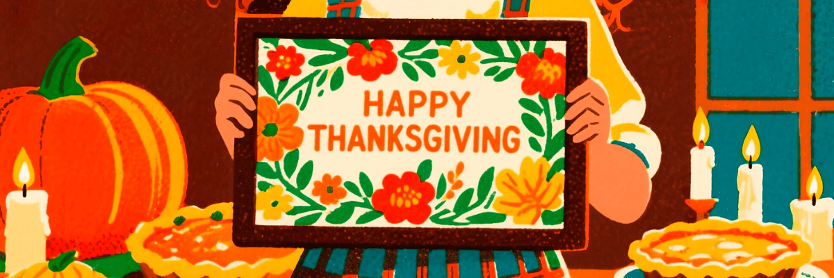 An illustration of a person holding a framed sign that reads âHappy Thanksgivingâ surrounded by colorful flowers. The cozy scene includes pumpkins, candles, and pies, creating a warm holiday vibe.