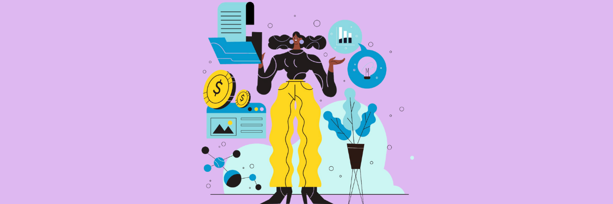 An illustration of a woman surrounded by money symbols, charts, and graphs, symbolizing finance, productivity, or business analytics. The background is light purple, creating a modern and upbeat vibe.
