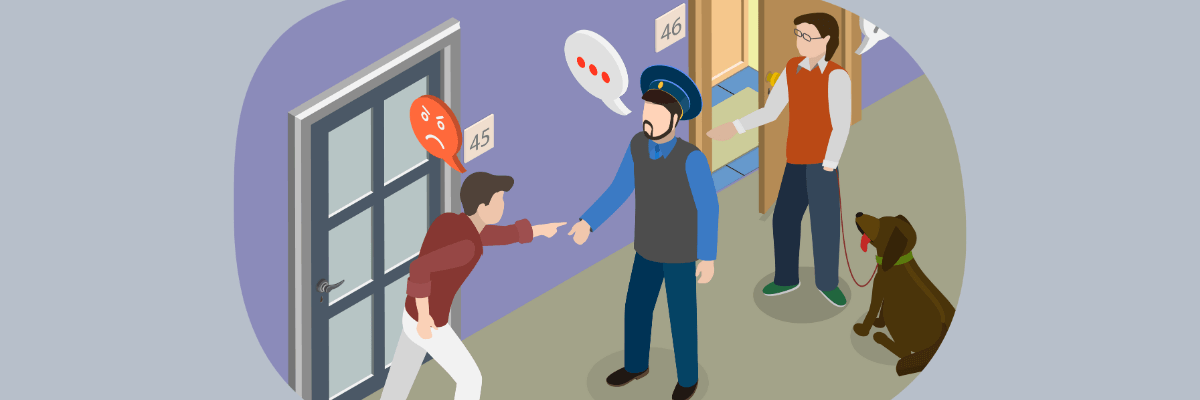 An animated hallway scene shows an angry man arguing with a security guard outside door 45 while another person with a dog watches nearby, creating a tense but cartoonish confrontation.