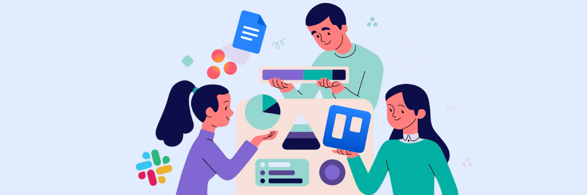 Three people collaborate around a large dashboard of charts and progress bars, each holding colorful icons and tools as they work together against a soft pastel background.