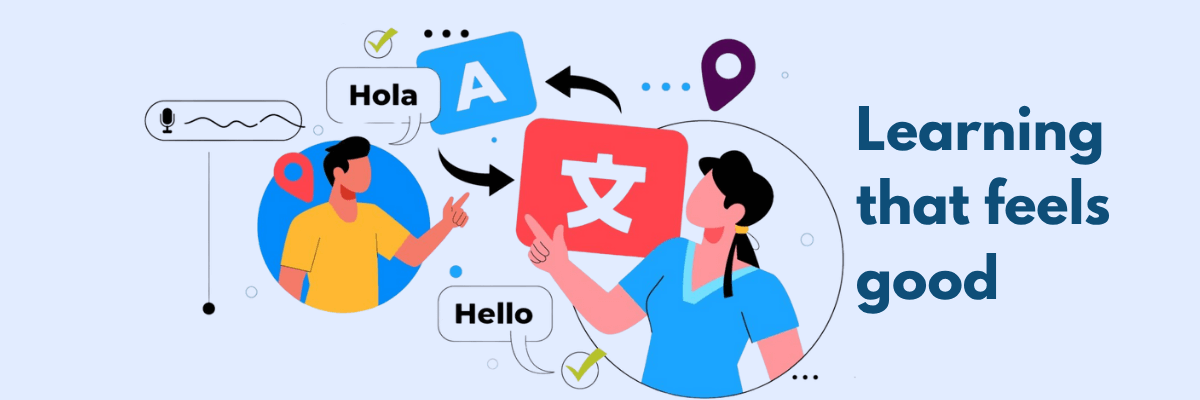 Two people chat in different languages. One saying āHolaā and the other āHelloā as colorful icons and speech bubbles illustrate the fun, upbeat vibe of learning a new language.