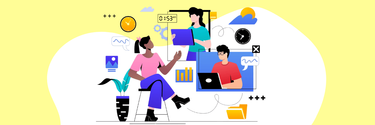 A woman sits on a stool chatting with two coworkers on screens as charts, clocks, and icons float around her with bright yellow background and soft white bubble shape.