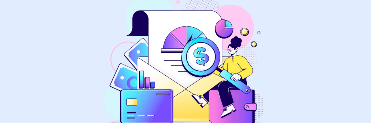 An illustration of a person sitting beside oversized financial icons like a credit card, pie chart, dollar sign, and documents. The bright gradient colors and playful shapes create a modern, upbeat feel around the theme of money management.