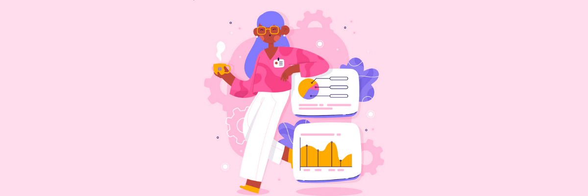An illustration of a woman with long blue hair holding a coffee cup while standing next to colorful charts and graphs. The background is light pink, giving the scene a calm and creative vibe.