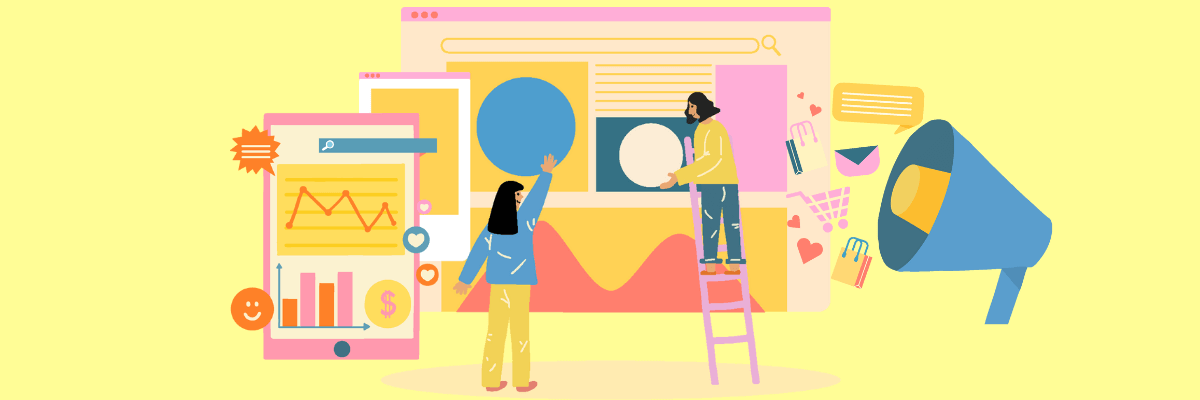 An illustration of two people collaborating on digital content creation, surrounded by charts, icons, and a large megaphone. The image conveys teamwork, marketing, and data-driven creativity in a bright, cheerful setting.