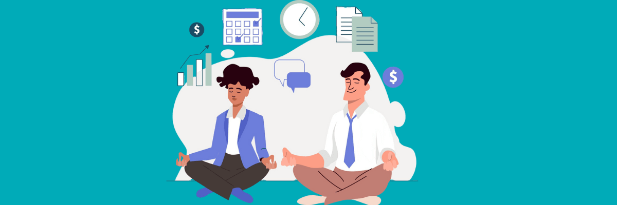 An illustration of two professionals meditating in a cross-legged position with calm expressions, surrounded by work-related icons like graphs, clocks, and documents. It conveys a sense of balance between work and mindfulness.