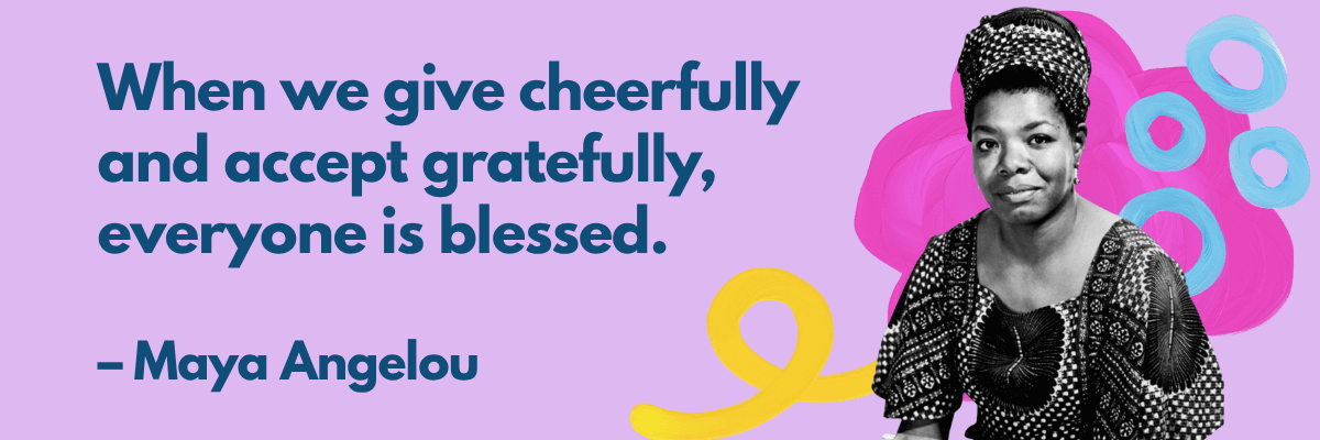 A colorful graphic with a blue background and scattered pink, white, and yellow stars features the quote, “Gratitude turns what we have into enough.” by Aesop. The text is bold and dark blue, highlighted by a yellow banner across the center.