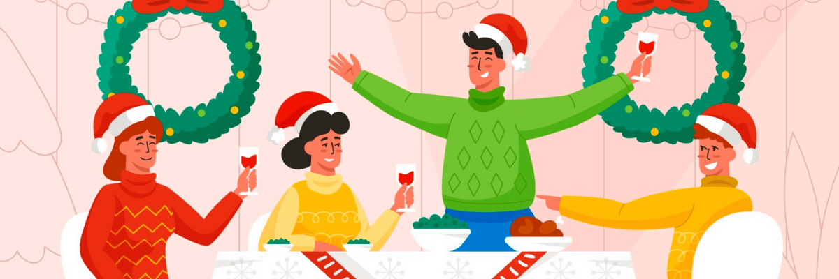 A cheerful holiday illustration shows four people in Santa hats raising glasses around a festive dinner table, with wreaths and soft pink decor in the background.