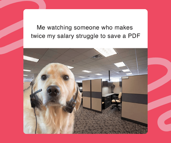 A golden retriever wearing a headset sits in an office cubicle area, staring blankly ahead as if silently judging someone struggling with a simple computer task.