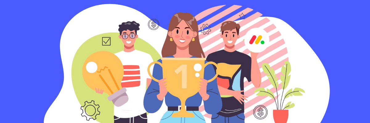 A smiling woman proudly holds a giant gold “1st place” trophy while two teammates stand beside her with symbols of ideas and success.