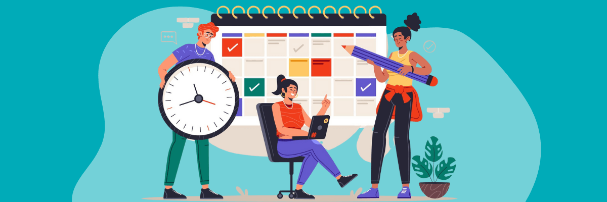 Three people collaborate in front of a giant calendar, with one holding an oversized clock, another working on a laptop, and a third carrying a huge pencil as they plan and organize tasks together. The bright teal background with soft abstract shapes.