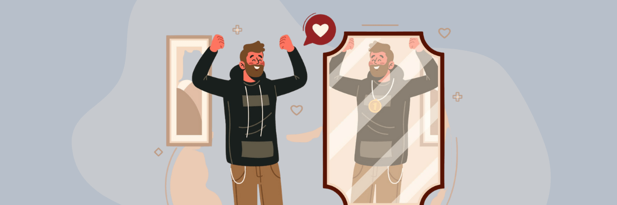 A man stands confidently in front of a mirror with his arms raised in celebration. His reflection shows him wearing a gold medal as hearts and symbols float around, highlighting self-love and confidence.