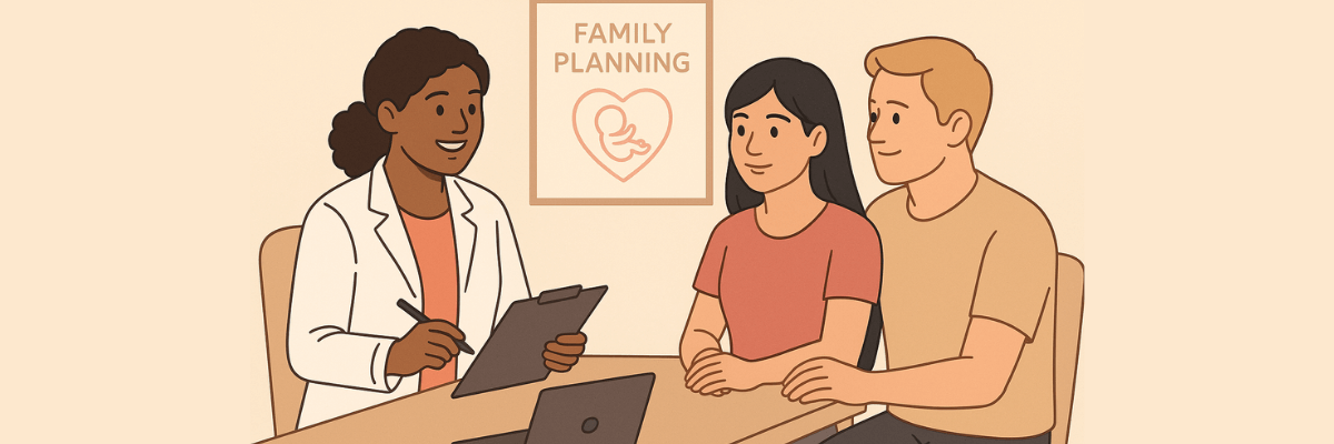 A doctor in a white coat smiles warmly while discussing family-planning options with a young couple seated across the desk. The couple listens attentively, holding hands as medical forms and a laptop sit on the table between them.