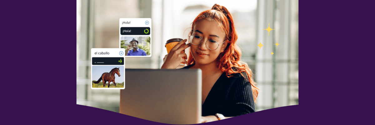 A woman with red hair and glasses sits at her laptop, holding a cup and smiling softly. Floating language-learning flashcards appear beside her, including one that shows a horse labeled “el caballo.”