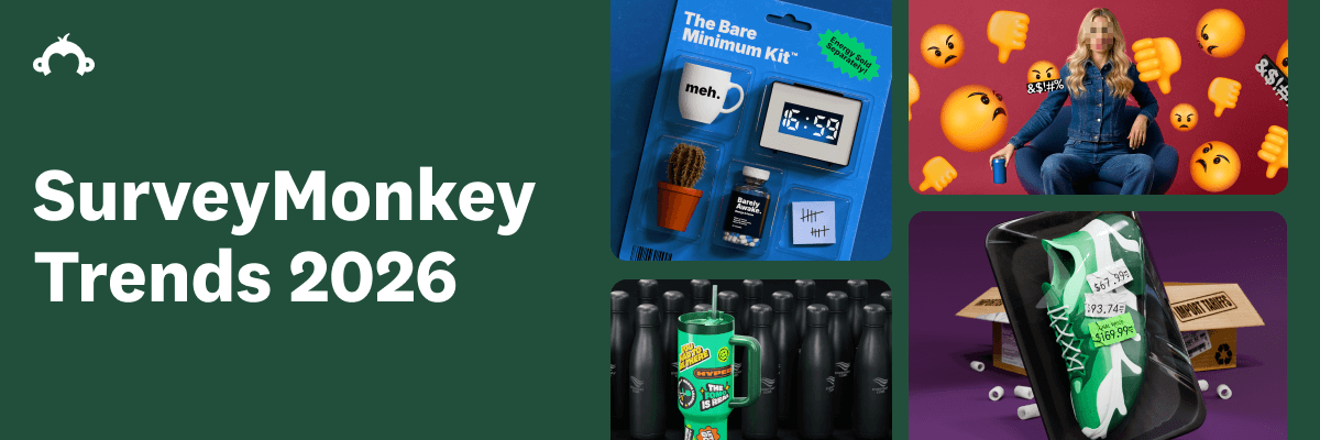 A dark green background features the white text “SurveyMonkey Trends 2026” on the left. On the right is a grid-style collage of bold, colorful product-style images, including a minimalist kit, expressive emoji graphics, rows of bottles, and a sneaker packaged like a retail item.