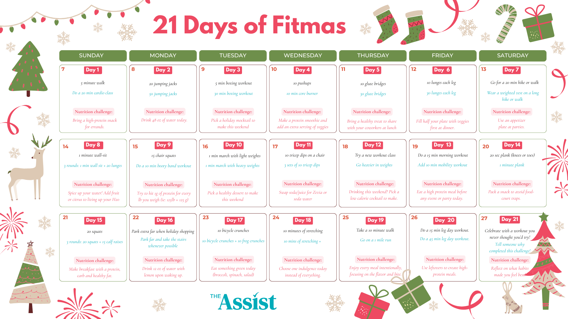 A festive “21 Days of Fitmas” calendar lays out daily mini workouts and nutrition challenges in a colorful holiday theme with trees, stockings, gifts, and snowflakes. It looks like a fun, seasonal wellness checklist to keep you moving through December.