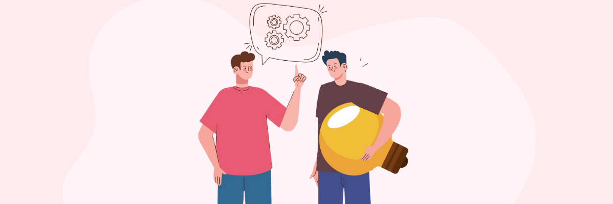 Two illustrated people chat, with one pointing to a speech bubble full of gears while the other holds a giant lightbulb. The scene gives off a casual “brainstorming together” vibe.